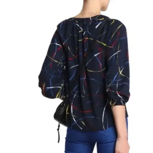 Joie Georgette Blouse Navy Blue Women’s Small Abstract Art Wear Artsy Statement - Picture 4 of 15